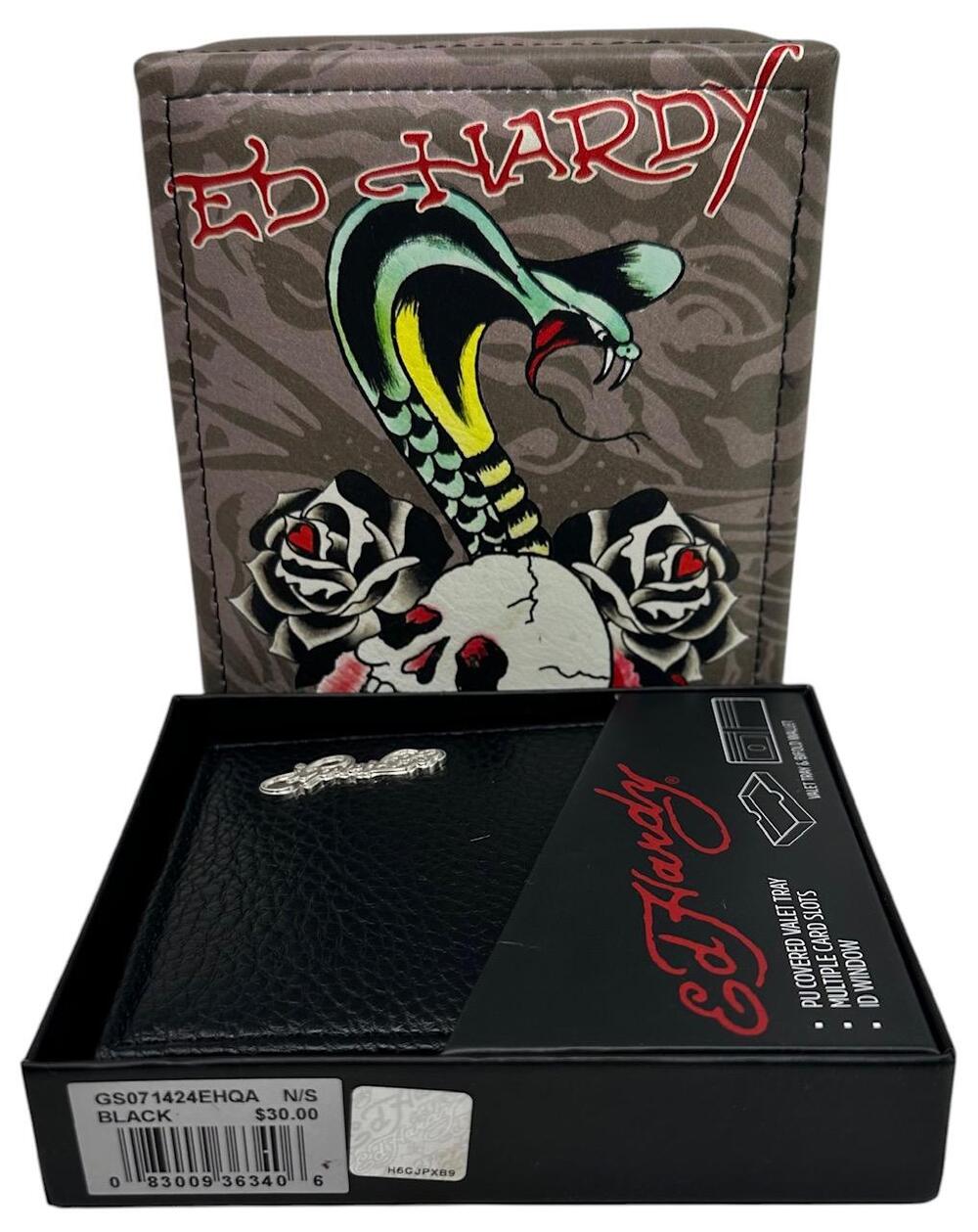 Ed Hardy Men's Bifold Black Wallet With Valet Tray Gift Box